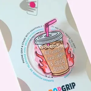 Iced Coffee & Spicy Books Phone Grip, Pink Coffee Kindle Accessory, Cute Book Lover PopSocket, Trending Phone Grip for Readers, Bookish Accessories