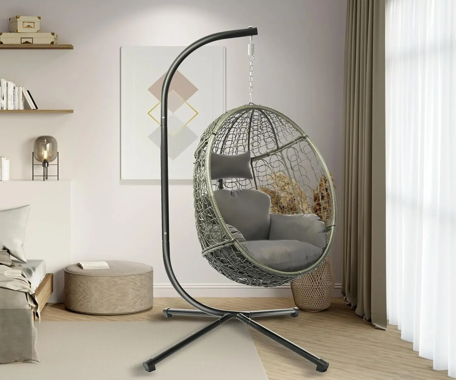 Hanging Wicker Egg Chair with Stand, Single Swing Chair with Cushions for Indoor and Outdoor Use, Supports Up to 350 lbs, Perfect for Patio, Garden, or Balcony