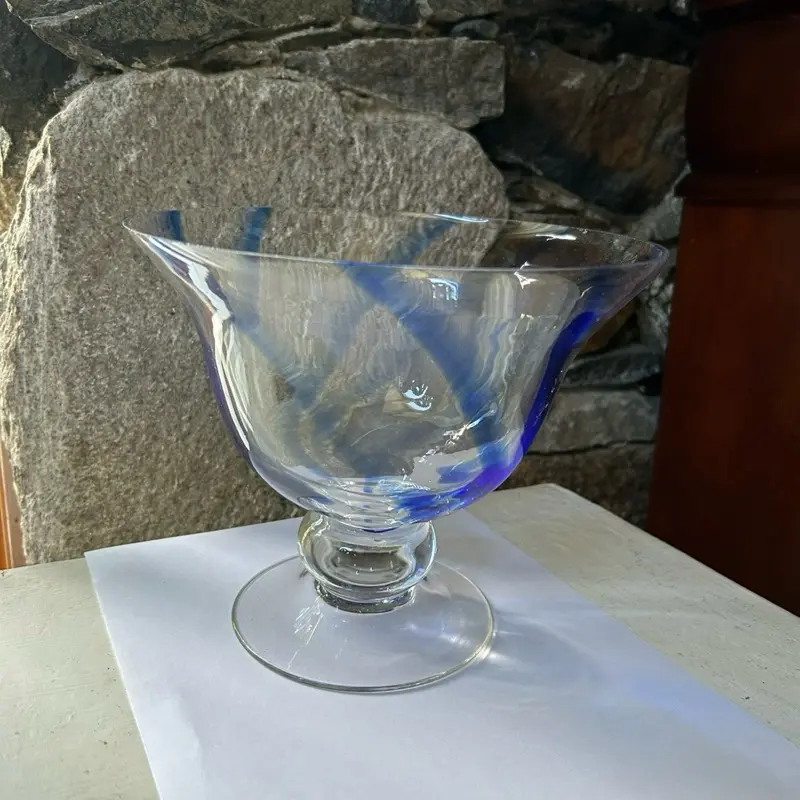 Vintage Handblown Art Glass Pedestal Bowl, Tableware with Clear Base and Blue Swirl Design