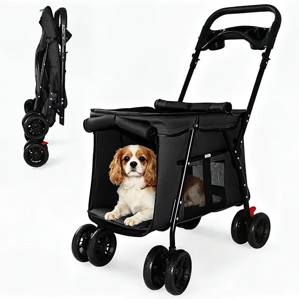Pet Stroller, Foldable 4-Wheel Design, Breathable Mesh Dog Cat Stroller with Shockproof Wheels, Brake System, Storage Tray, 2 Fixed Safety Leashes, Large Space Pet Carrier for Small Medium Pets