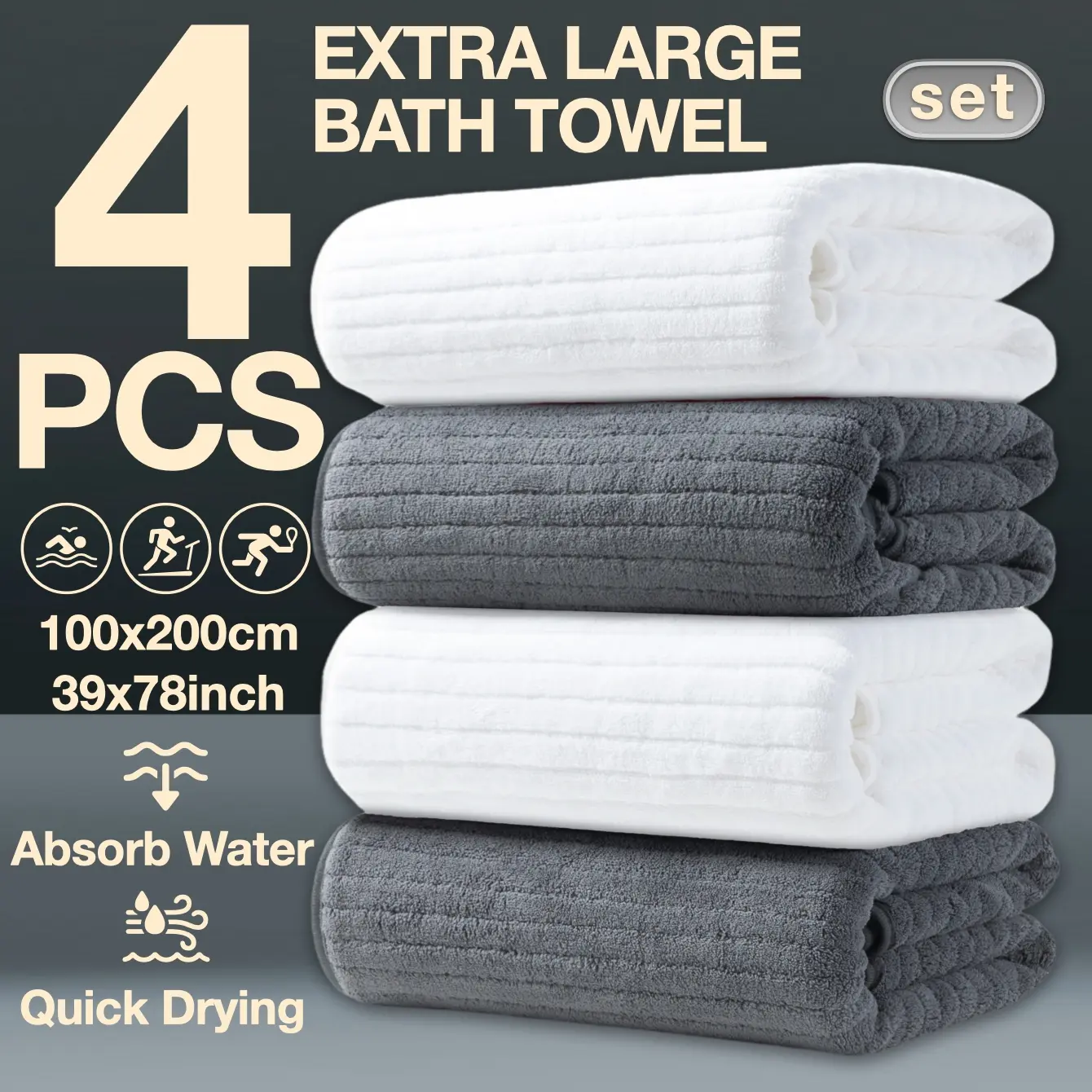 4-Piece Oversized Bath Towel Set, 100x200cm High-Quality Classic Striped Design, Multi-Color Options, Striped Pattern Towel, Super Absorbent & Quick-Dry, Large Bath Towels, Quick Drying Towel, Premium Bath Towels