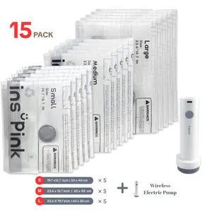 Inspink 15-Pack Cordless Vacuum Compression Bags Set with 25W USB Rechargeable Handheld Pump for Clothes Storage Space Saver Bags Ideal for Carry-On Suitcases Organiser new year Valentine's Day travel Essential