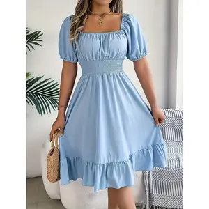 Women'S Summer MidDress - Solid Color Square Neck with Shirred Waist, Short Sleeve, Ruffle Hem, Polyester 95% Elastane 5%, Casual A-Line for Wedding, Graduation, Engagement, Ceremony, Party, Vacation, Birthday Fabric Womenswear Collar Frill Woven Fitted