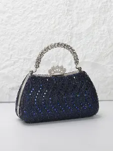 Gorgeous navy blue full of diamonds ladies evening bag, rhinestone handles design handbag, flowers with diamonds lock buckle, with shoulder chain shoulder bag, suitable for wedding, party, prom, holiday gift, school gift