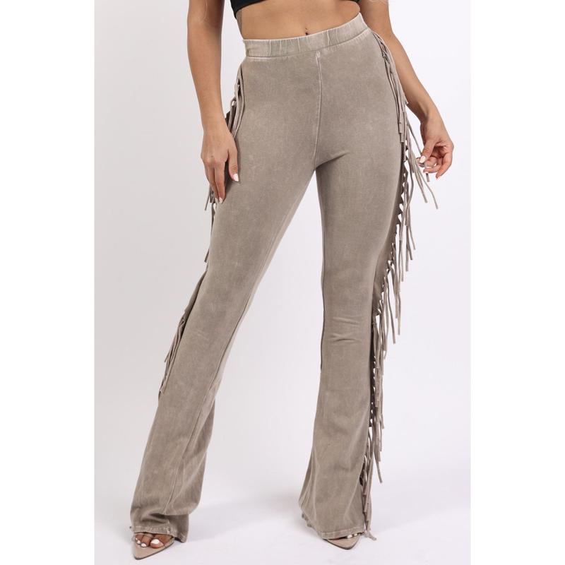 Fringe-Detailed Mineral Washed Pants for Women - Comfortable Cotton and Elastic Design with Flared Side Detail