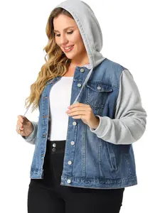 Agnes Orinda Plus Size Layered Drawstring Hood Denim Utility Jean Jacket W Pockets