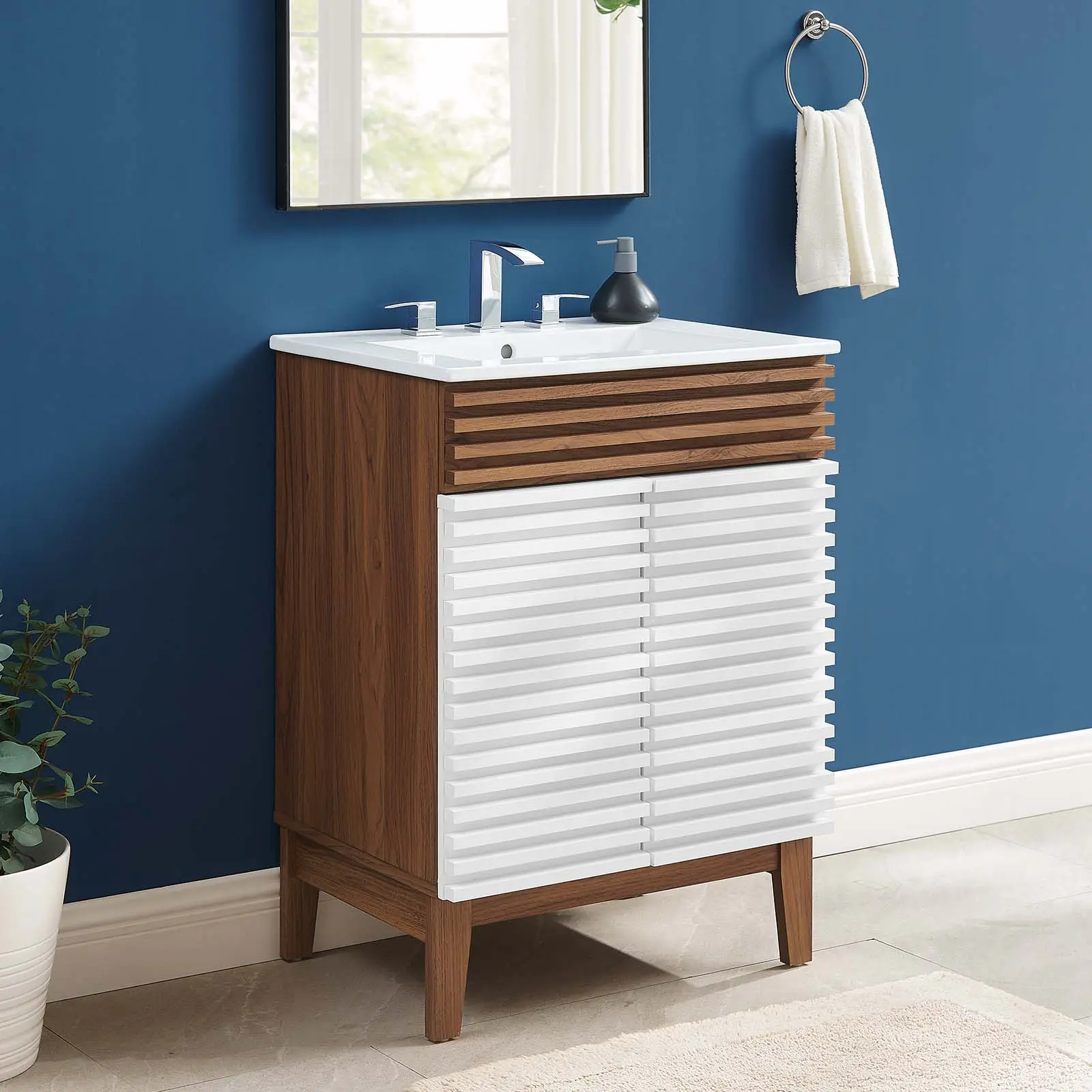 Modway Render Bathroom Vanity, Bathroom Sink Cabinet in White Walnut Finish