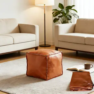 Dauhor Multifunctional Faux Leather 15.7 Inch Square Design for Storage Living Room Bedroom Orange Cover Easy to Clean Scratch Resistant Home Decor No Filling