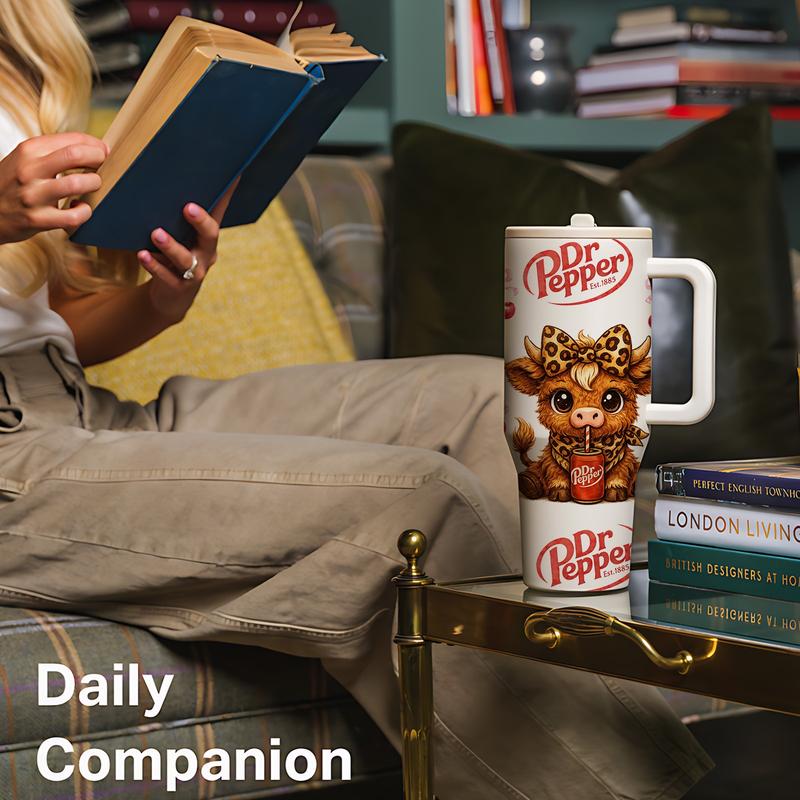 40oz insulated mug Dr Pepper soda print, leopard highland cow cute cartoon design, aesthetic thermal mug, double wall vacuum stainless steel, straw lid with handle, leak proof, keeps hot 12 hours cold 24 hours, valentines birthday daily gift