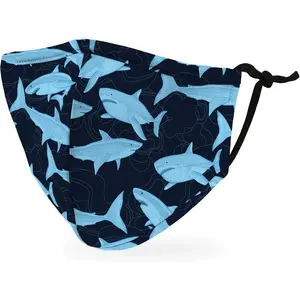 3 Ply Kids Washable Cloth Face Mask, Reusable and Adjustable with Filter Pocket, Blue Sharks Pattern