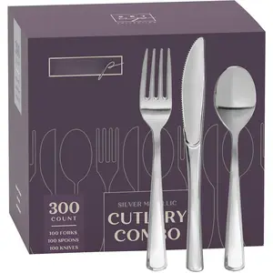 [300 Count] Disposable Silverware,  Combo Cutlery - 100 Forks, 100 Spoons, 100  - Heavy Duty, and Durable  Plastic Silverware Set  for Parties, Events and Everyday use