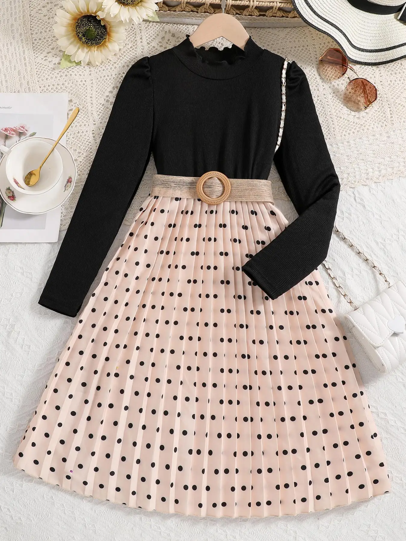 Girl's Polka Dot Print Lettuce Trim Pleated Belted Dress, Elegant Puff Sleeve A Line Dress for Party Holiday Wedding Guest, Kids Fall & Winter Clothes