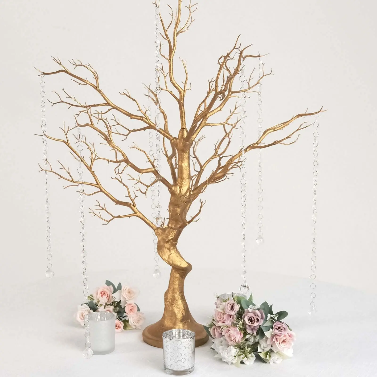 Manzanita Tree Centerpiece 34" Metallic Gold with 8 Acrylic Bead Chains - Easy Assembly Decorative Artificial Tree, 34 In, Desk