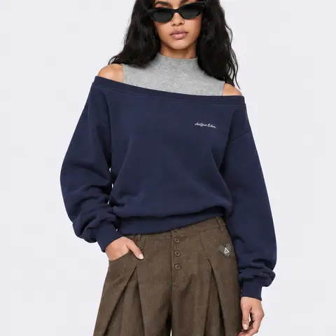 Aelfric Eden Women's 2-Piece Off-the-Shoulder Turtleneck Pullover Sweatshirt - Layered Design, Oversize Cut, Loose-Fit, Dropped Shoulder, Soft Fabric, Retro Streetwear Top - Back to School Outfits
