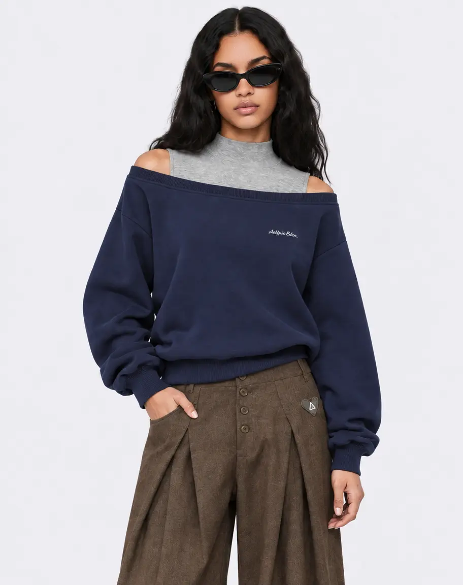 Aelfric Eden Two-Piece Off-Shoulder Turtleneck Sweatshirt Layered Design Oversized Dropped Shoulder Fit Soft Fabric Women Retro Streetwear Top,clothes for back to school,first day of school outfits