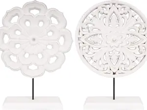 2 Pack Wooden Carved Cutout Flower Medallion Sculpture, Rustic Distressed White MDF Statues Home Tabletop Decor, Decorative Ornaments for Living Room, Bedroom, Office Desktop, Cabinets