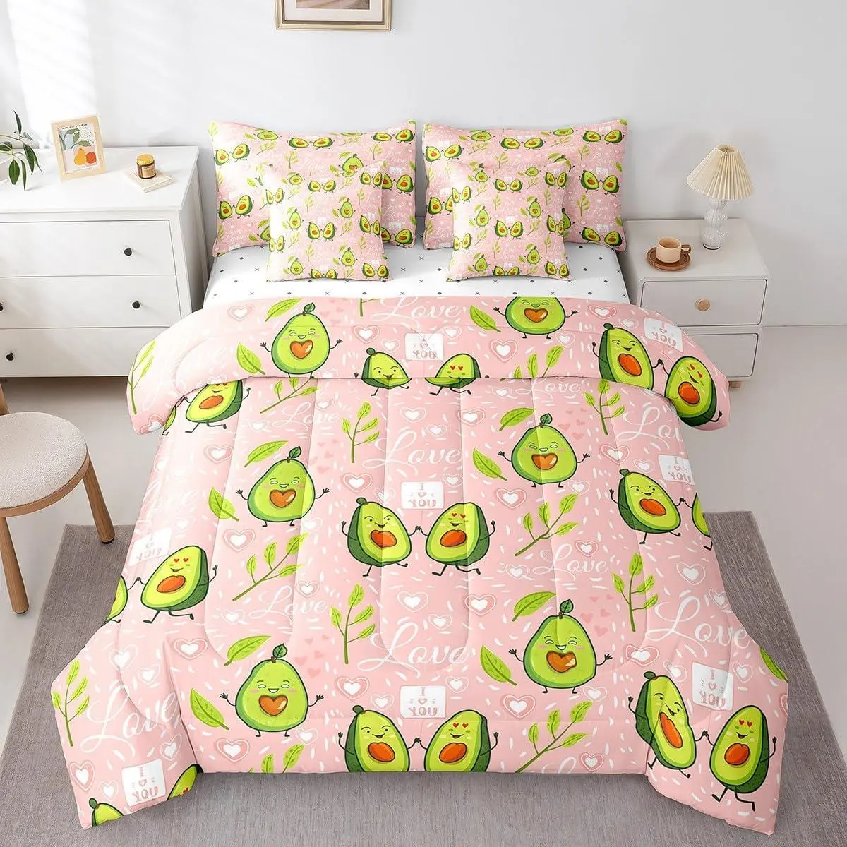 Avocado Comforter Set for Kids Boys Girls,Cute Cartoon Avocado Love Heart Bedding,Tropical Fruits Leaves Printed Bed in A Bag(Comforter,Pillowcases,Flat Fitted Sheet,Pillow Covers)