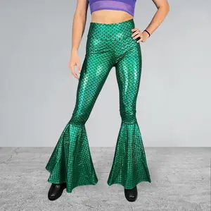 Mermaid Bell Bottoms - Green Metallic Mermaid Scales Costume Flare Pants
