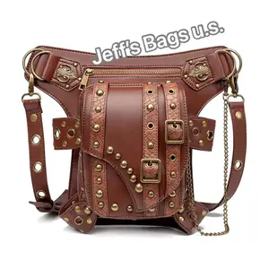No.1 Punk Vintage Steampunk Waist Bag Fanny Pack Fashion Gothic Leather Shoulder Crossbody Messenger Bags Thigh Leg Hip Holster Purse Travel Pouch Hiking Sport Chain Bags for Women Men