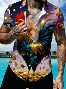 Golden Rooster Pattern Printed Short Sleeve Collared Aesthetic Shirt, Unisex Trendy Casual Top, Trendy Art Design Style