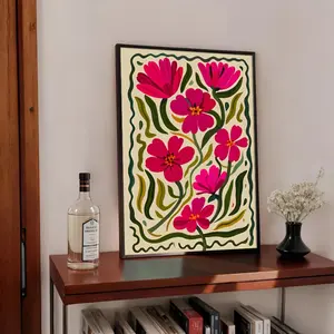 1 Piece Frameless Bohemian Style Peony Floral Vintage Canvas Wall Art, Floral Boho Print, Simple Abstract Floral Art Painting, Pink Green Yellow Tone Ink Printing, Home & Office Decoration, Ready to Hang, Essential for Art Home Designers