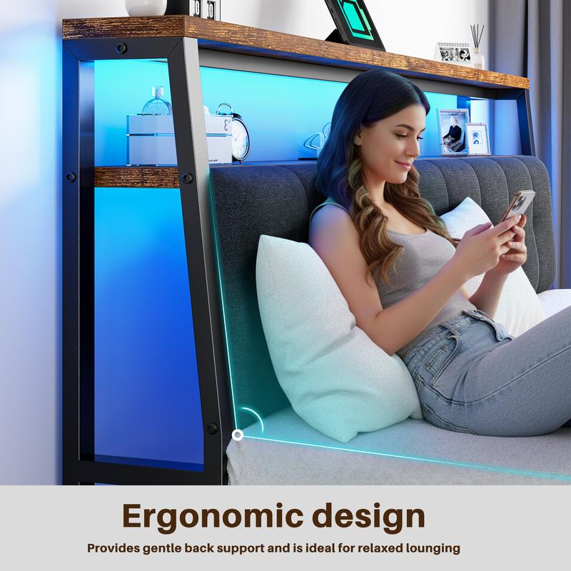 Raybee LED Bed Frame with Charge Station for Queen, Full, King, Platform Bed Frame with Upholstered Ergonomic Heardboard , 2 Tiers of Shelves & 12" Underbed Storage, Industrial Modern Bedroom Furniture, 1000lbs Capacity with Metal Slats & Frame, Black Raybee LED Bed Frame with Charge Station for Queen, Full, King, Platform Bed Frame with Upholstered Ergonomic Heardboard , 2 Tiers of Shelves & 12" Underbed Storage, Industrial Modern Bedroom Furniture, 1000lbs Capacity with Metal Slats & Frame, Black