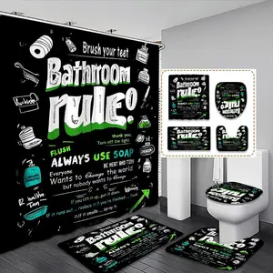 Bathroom Rules Pattern Bathroom Decor Set, 4 Counts/set Including Shower Curtain & Toilet Mat & Toilet Lid Cover & Bath Mat, Bathroom Accessories