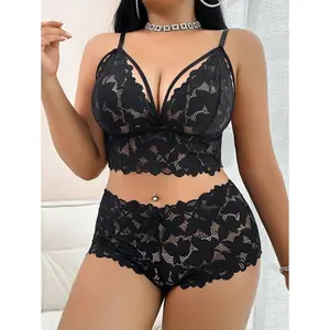 Women's Plus Size 2-Piece Black Sheer Light Lace Plunge Bra & Panty Set with Adjustable Straps - Halloween Fantasy-Elegant Nightwear Lingerie