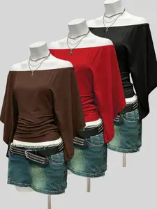 Elegant Off-Shoulder Multifunctional Pleated Flare Sleeve Women's Casual Style T-Shirt Set, Three-Piece, Fitted, All Seasons