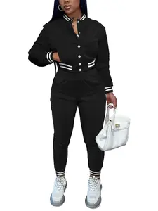 Women’s black and white striped short baseball outfit set: single-breasted stand-collar jacket + cuffed long pants, collegiate casual slimming two-piece set