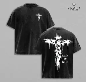 Walk by Faith Cross Double Printed Vintage Washed Tee, Unisex Oversized Heavyweight Cotton T-shirt for Christian Streetwear Grunge Aesthetic Bible Verse Church Outfit Gym Pump Cover