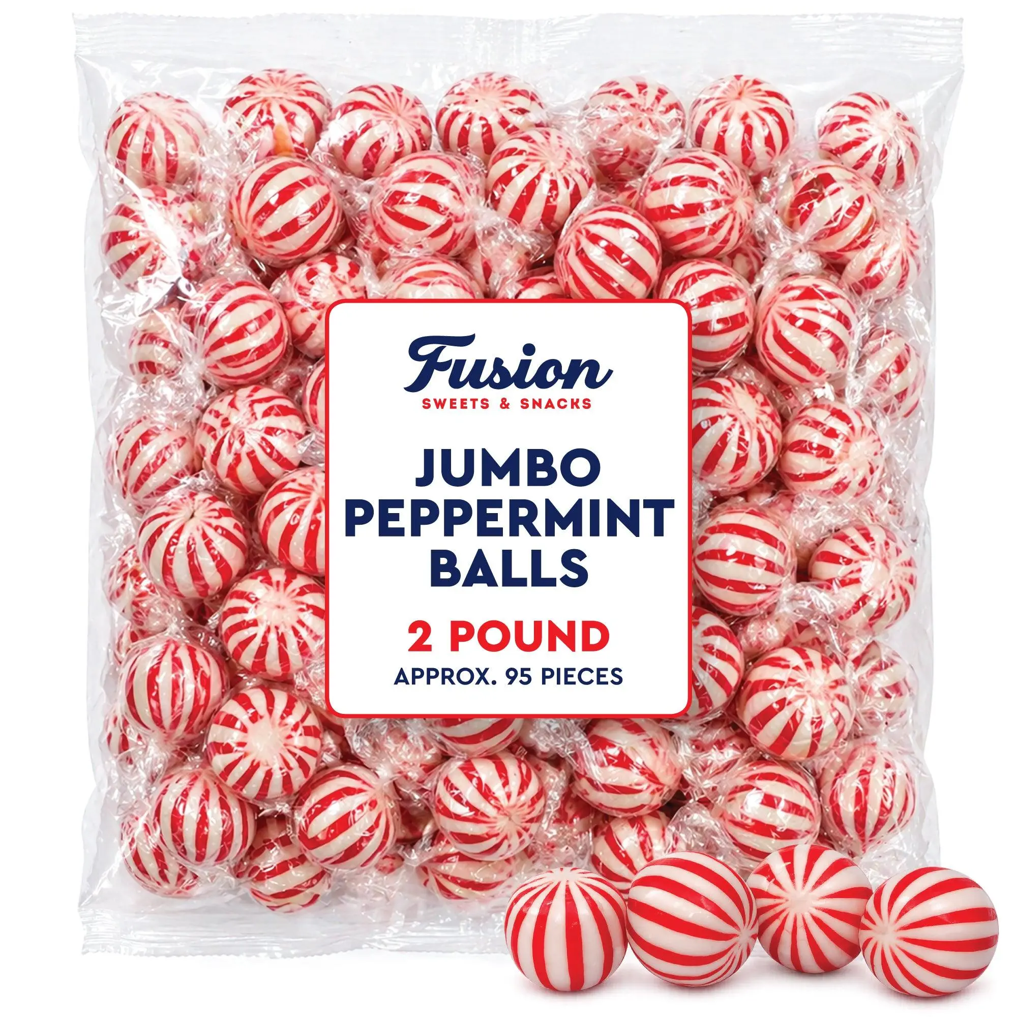Jumbo Peppermint Balls Hard Candy - Individually Wrapped - 2 Pounds - Peppermints Bulk - Old Fashioned Hard Peppermint Candy Individually Wrapped For Holidays & More | Refreshing Mint
