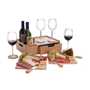 Bamboo Wine & Cheese Serving Station – All-in-One Charcuterie Board with Knife Set, 2 Serving Boards, and Storage Drawer