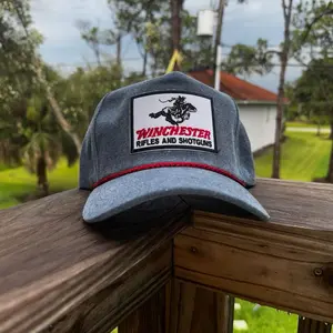 Blue & Red Winchester Trucker Hat – Trucker Cap, Vintage Style Baseball Hat, Hunting Patch Cap, Retro Outdoorsman Gift, Rifle & Shotgun Logo Hat