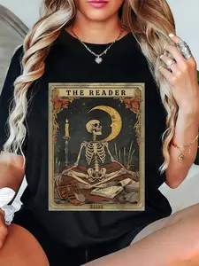100% Cotton Cottagecore Skeleton Aesthetic Tarot Card The Reader Graphic T-Shirt