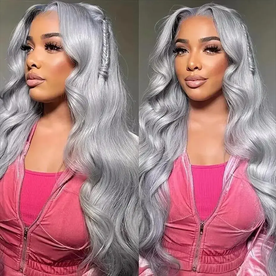 Bling Hair Silver Grey 13x6 13x4 HD Lace Frontal Human Hair Wigs Body Wave Pre Plucked Frontal Wigs For Women Brazilian Cosplay Colored Human Hair Wig 180% Density