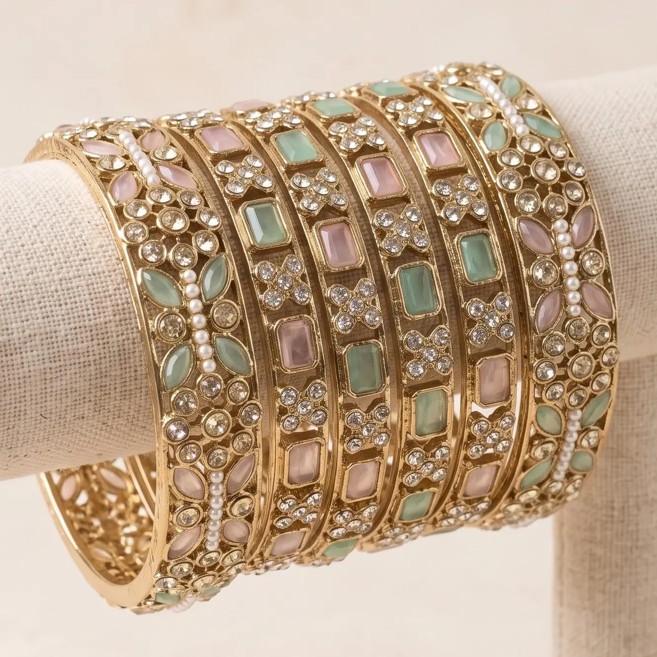 Pastel Polki Kundan Bangles 6 pcs Set | Mehndi Polish AD & Pearl Bridal Bracelet | Elegant Wedding Jewelry