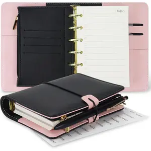 A7 Refillable Planner Small Binder Notebook 6 Ring, Portable PU Leather Organizer with Zippered Pocket, To-Do & Blank Refill Papers, Dividers, Monthly Sticker, Pen, for Students, Professionals, Travel (Black & )