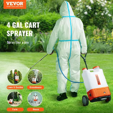 【Fallpicks】VEVOR Portable Battery-Powered Backpack Sprayer with Cart, 0-94 PSI Adjustable Pressure, 4 Gal Translucent Tank on Wheels, 8 Nozzles, 2 Wands, 12V 7.2Ah Battery, Wide Mouth Lid, Shoulder Straps, Handles Any Spraying Tasks