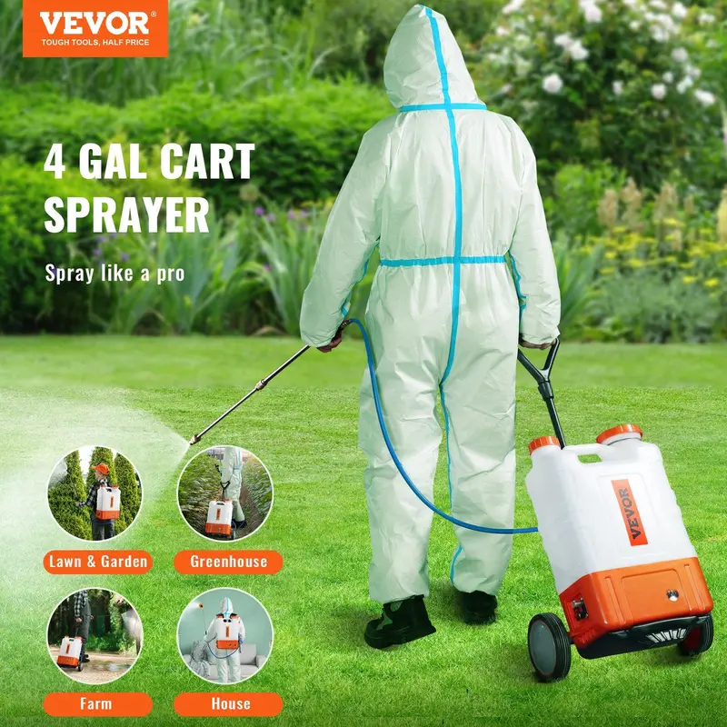 【Fallpicks】VEVOR Portable Battery-Powered Backpack Sprayer with Cart, 0-94 PSI Adjustable Pressure, 4 Gal Translucent Tank on Wheels, 8 Nozzles, 2 Wands, 12V 7.2Ah Battery, Wide Mouth Lid, Shoulder Straps, Handles Any Spraying Tasks