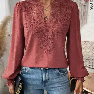 Women's Mixed Pattern Paisley Lace Swiss Dots Smocked Long Sleeve Blouse