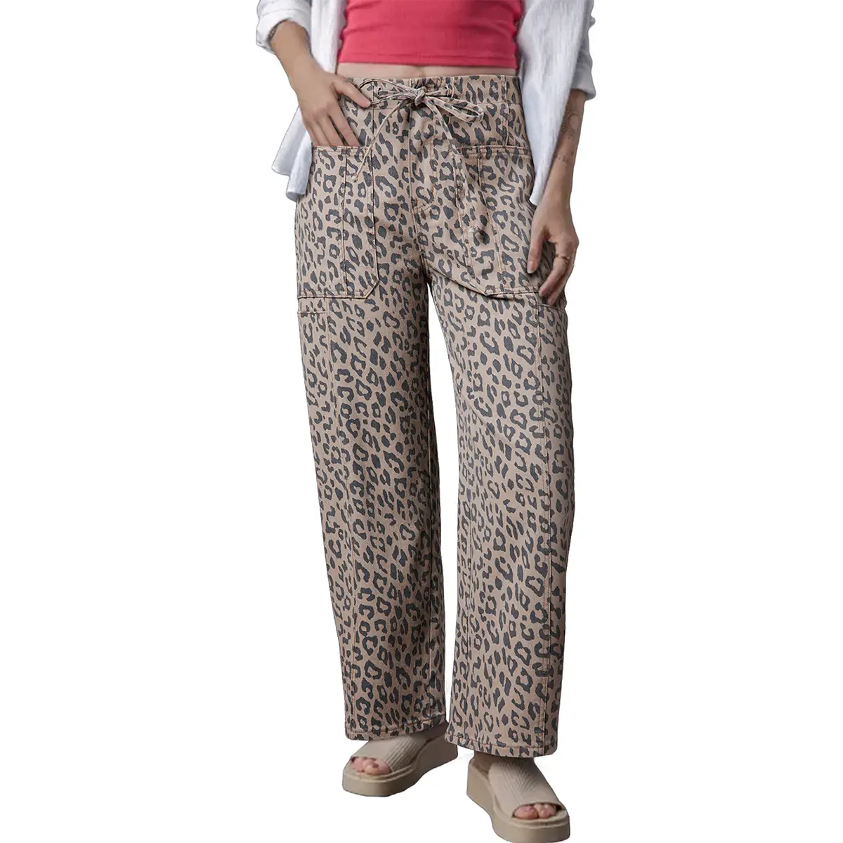 Mntaor Women's Casual Khaki Leopard Print Wide Leg Pants, Drawstring Waist Comfort Pants with Pockets,Winteroutfit