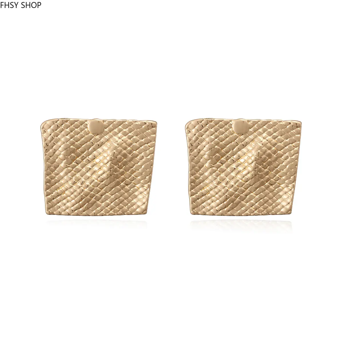 Quilted Textured Weave Square Stud Earrings - Elegant Gold-Tone Copper Jewelry, Casual Evening Accessory for Unisex Luxury Fashion