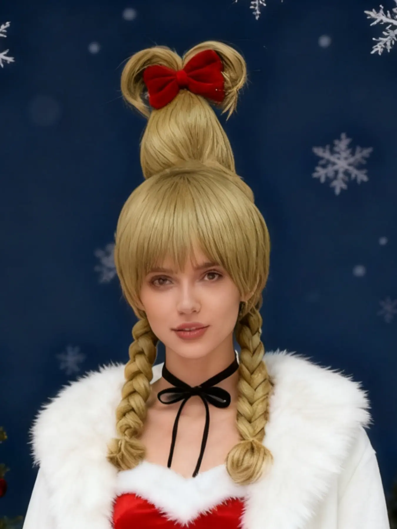 Women's Short Braid Weaving Pre Styled Wig with Bow Tie, Perfect for Halloween & Christmas Role-Playing, Stylish Straight Hairpiece