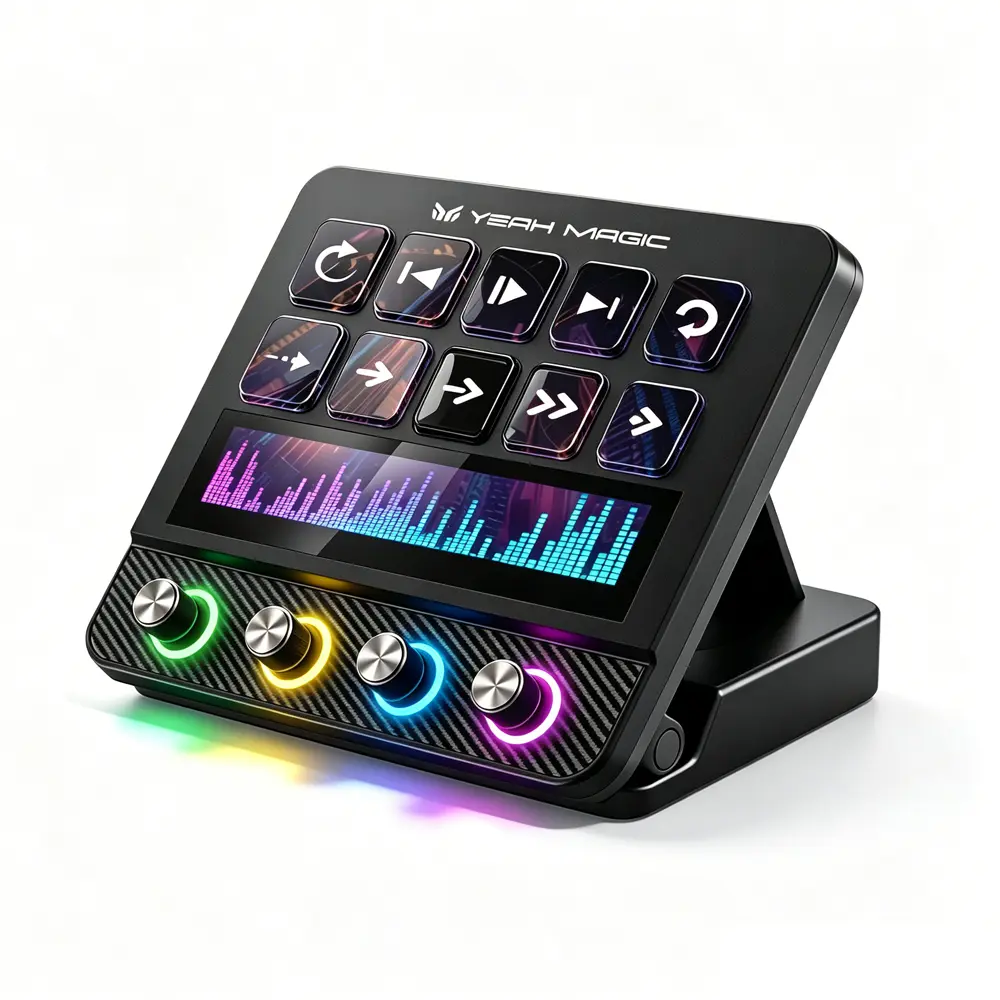 YEAH MAGIC N4 PRO Gaming Stream Deck Macro Pad - 10 Custom LCD Keys, 4 Smart Knobs, Touch Bar, Programmable USB Shortcut Keyboard with Adjustable Stand, for Gamers, PC, Mac, PC Gaming Accessories