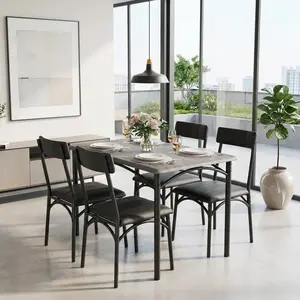 5 Piece Space Saving Dining Table Set, Rectangular MDF Table with Sturdy Metal Frame and 4 Soft Padded Upholstered Chairs, Comfortable Household Dinner Furniture, Compact Grey Dining Set Ideal for Small Apartment Kitchen Dining Room Daily Use