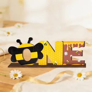 Bee Theme One Letter Wooden Desktop Decoration, Striped Bee Shape, Honeycomb Pattern, Farmhouse Birthday Party Decor