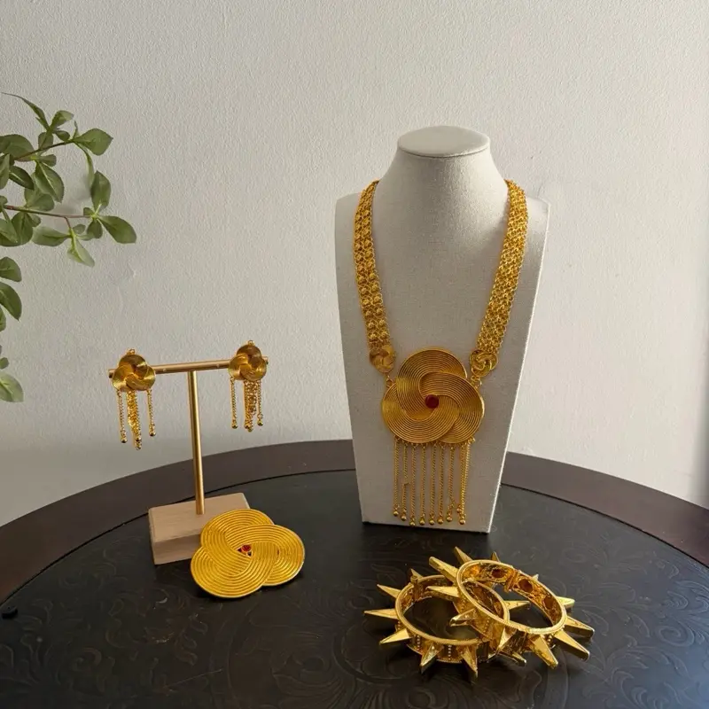 Nepali Traditional Bunchat Gold Tone Necklace Earrings and Bangles Set