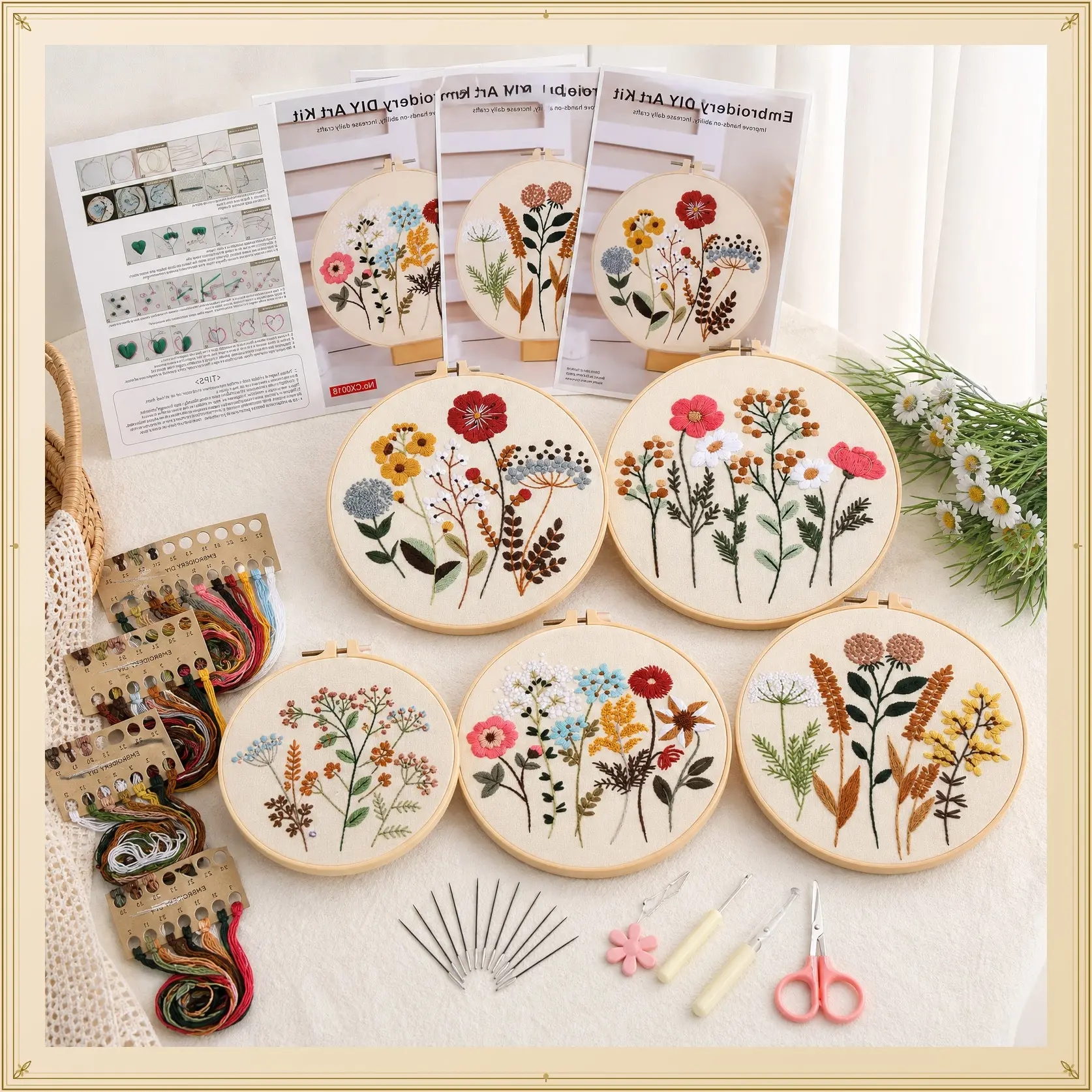 4 Pack Cross Stitch Set,Flower Embroidery Kit for Beginners with Pattern and Instructions,2 Wooden Embroidery Hoops,Threads and Needles,Needlepoint Kit for Adults,Christmas Party Gifts,Hand Tools Kits,Summervibes