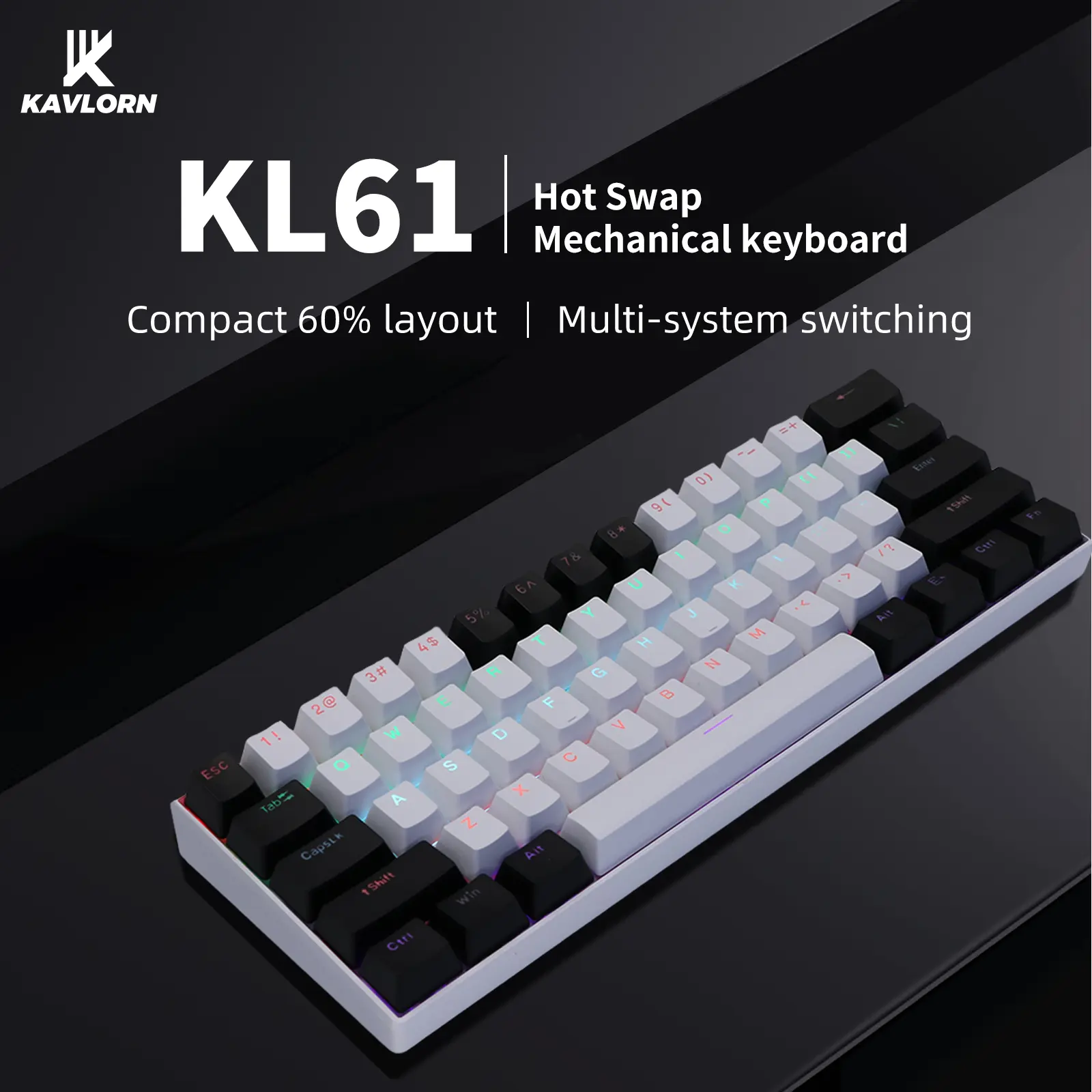 60% 61 Key Hot Swappable Mechanical Keyboard RGB Backlit Red Switch Compact Wired Gaming Keyboard